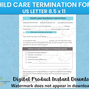 Cuidado infantil AVISO DE TERMINACIÓN Formulario Guardería imprimible, Plantilla de cuidado infantil, Descarga instantánea, Archivo digital, Campo de nombre editable
