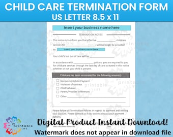 Child Care TERMINATION NOTICE Form Daycare Printable, Childcare Template, Instant Download, Digital File, Editable Name Field