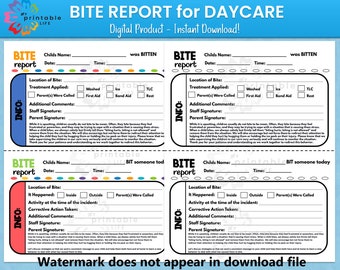 BITE REPORT- Daycare Printable Child Biting Incident Report, Preschool Biting Form, Child Care Biting Notice