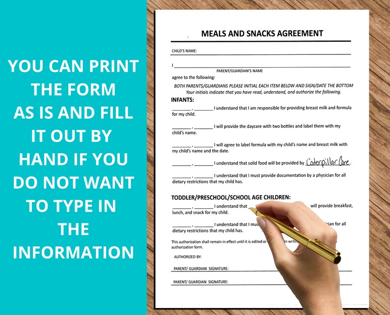 Daycare Meals and Snacks Agreement Child Care Form Etsy
