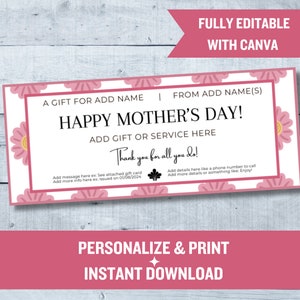 Certificado del Día de la Madre / Plantilla Canva personalizable / Vale de agradecimiento imprimible / Regalo especial para mamá
