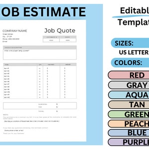 Op de afbeelding: Bewerkbare offerte sjabloon in een lichtblauw, grijs en wit kleurenschema. De sjabloon bevat secties voor bedrijfsnaam, offerte, projectbeschrijving, items, hoeveelheid, eenheidsprijs, bedrag, subtotalen, belasting en totaal. De sjabloon is beschikbaar in de formaten US Letter en A4. De sjabloon is beschikbaar in de kleuren rood, grijs, aqua, bruin, groen, perzik, blauw en paars.