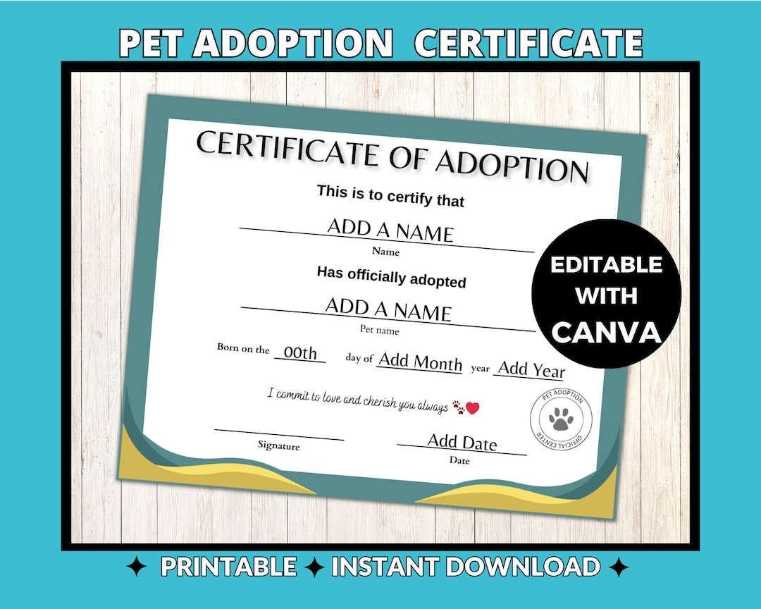 Pet Adoption Certificate | Editable Canva Template | Printable Animal ...