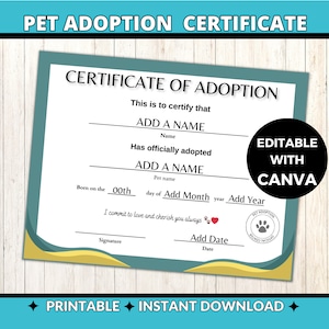 Pet Adoption Certificate | Editable Canva Template | Printable Animal Document | Custom Pet Certificate | Instant Download | Keepsake Gift
