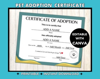 Custom Pet Adoption Certificate | Keepsake Gift (Editable Canva Template, Instant Download)
