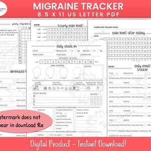 May include: A printable migraine tracker in PDF format, designed to help track headache patterns. The document includes sections for daily check-ins, pain levels, and suspected triggers. The paper size is 8.5 x 11 inches.
