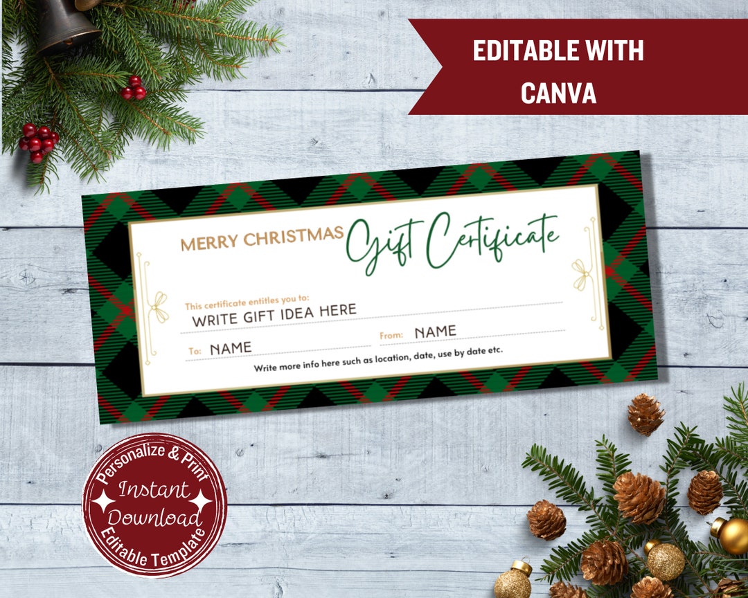 Christmas Gift Certificate Editable Template Personalizable Holiday