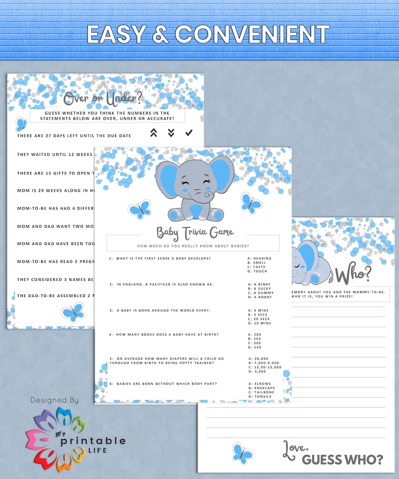 Elephant Baby Shower Games Printable Game Bundle Blue Elephant Instant