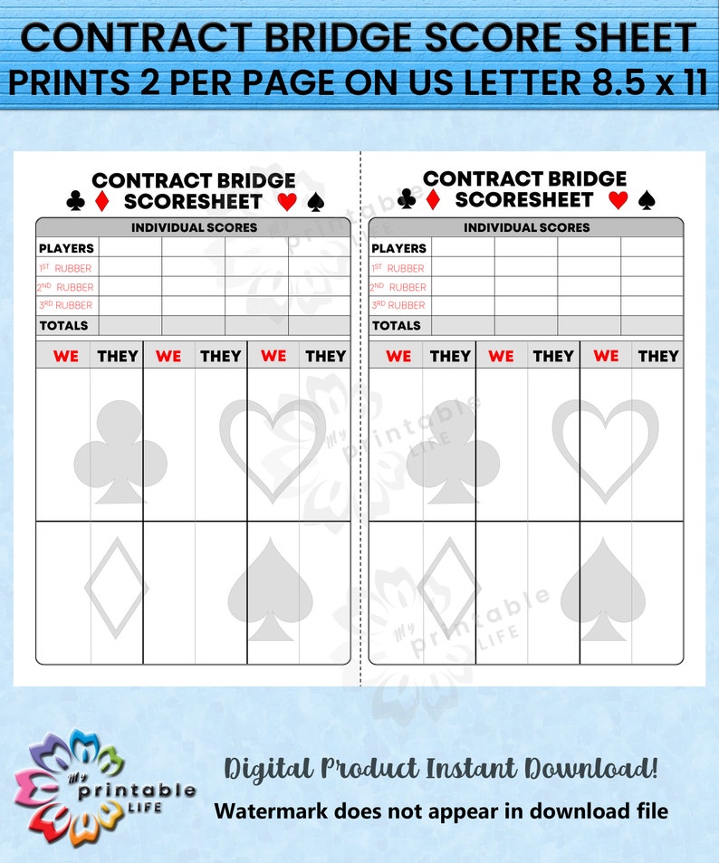 CONTRACT BRIDGE Score Sheet, Card Game Scorecard, Comes in 2 Colors, 2
