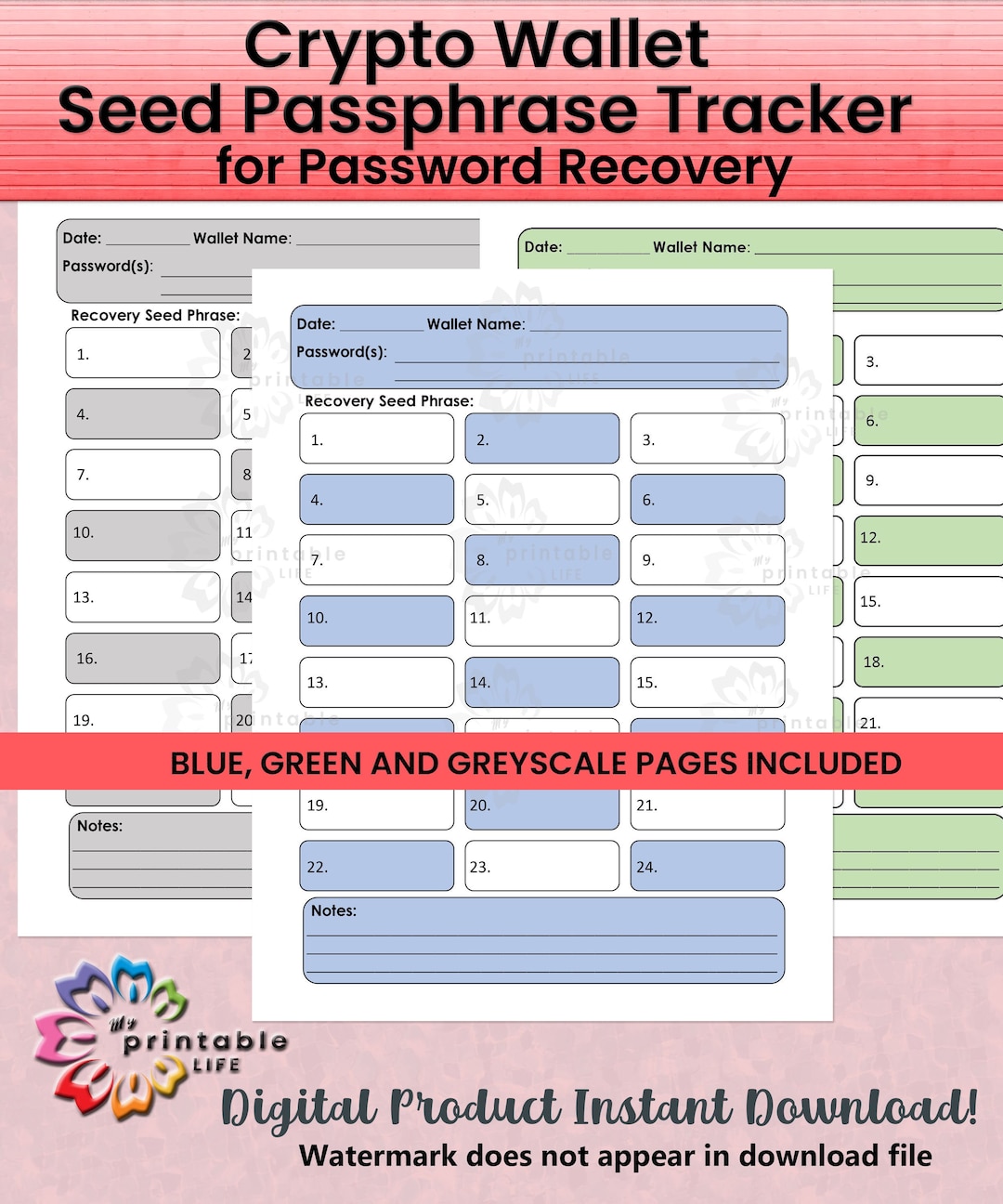 Crypto Wallet Seed Passphrase Tracker for Password Recovery- Printable PDF  - Instant Download - Etsy