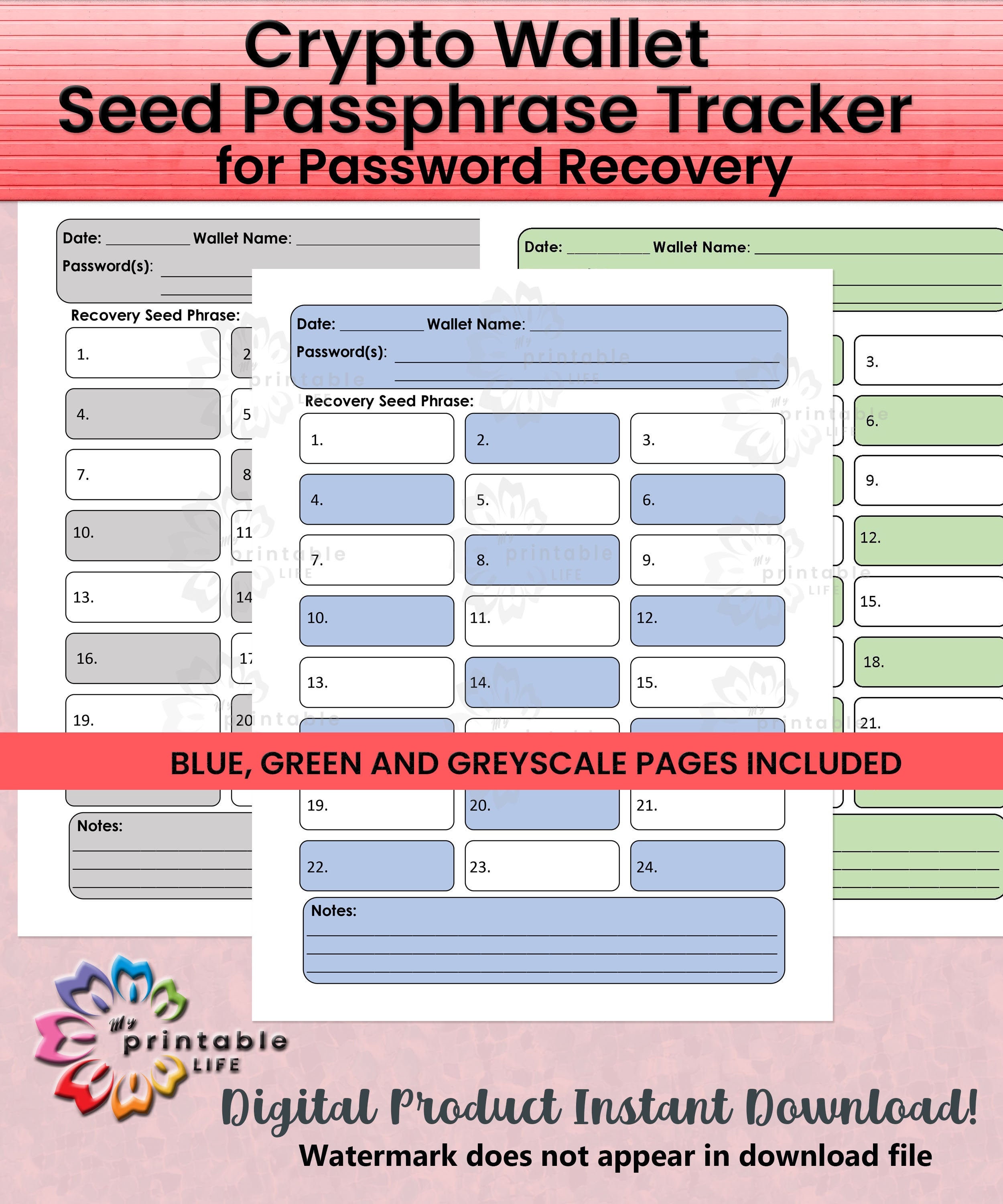 Crypto Wallet Seed Passphrase Tracker for Password Recovery- Printable PDF  - Instant Download - Etsy