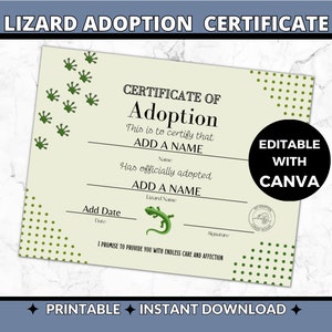 Modulo personalizzato per l'adozione della lucertola / Modificabile in Canva / Certificato stampabile per rettili / Ricordo unico dell'animale domestico