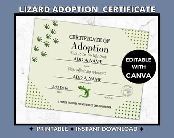 Personalized Lizard Adoption Form | Editable in Canva | Printable Reptile Certificate | Unique Pet Keepsake