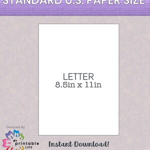 May include: A white rectangle representing a standard US letter size paper, measuring 8.5 inches by 11 inches. The text "LETTER 8.5in x 11in" is printed in black on the rectangle. The background is a light purple gradient.