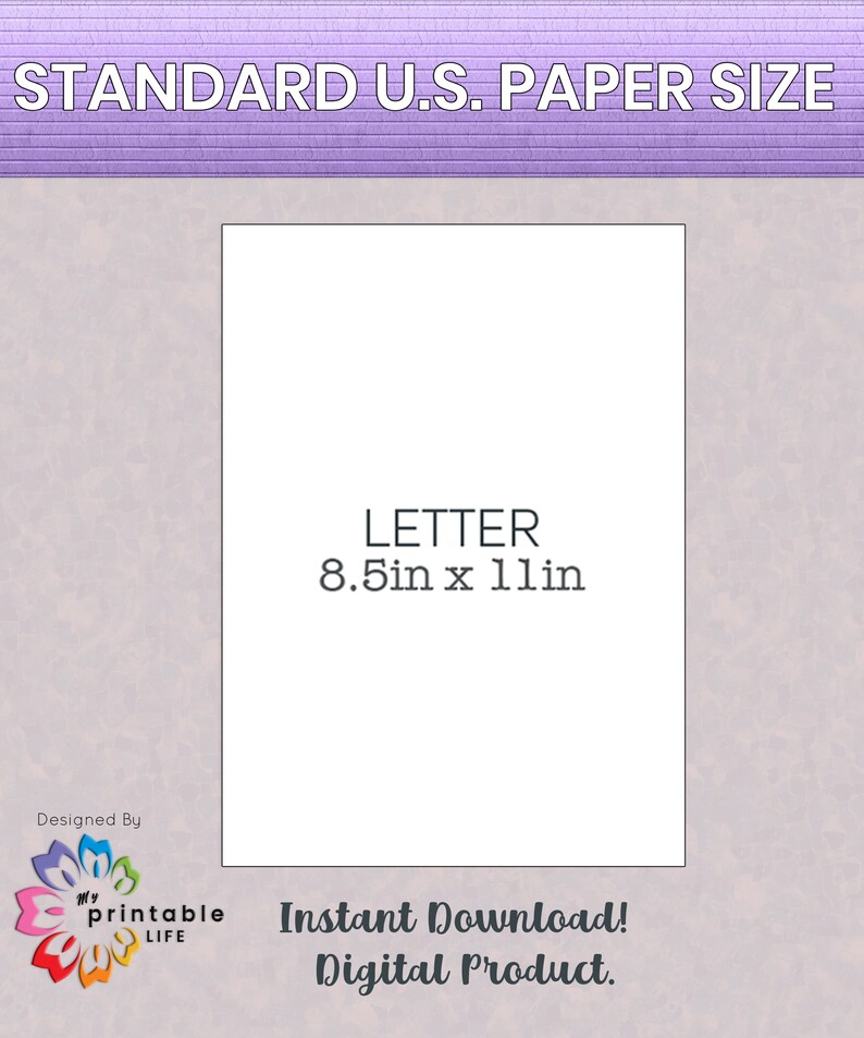 May include: A white rectangle representing a standard US letter size paper, measuring 8.5 inches by 11 inches. The text "LETTER 8.5in x 11in" is printed in black on the rectangle. The background is a light purple gradient.