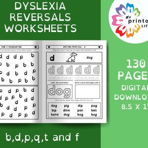 Planilhas de inversão de letras para dislexia para as letras b, d, p, q, t e f