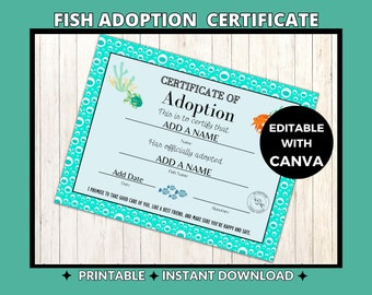 Fish Adoption Certificate | Canva Editable Template | Printable Pet Form | Customizable Digital Download
