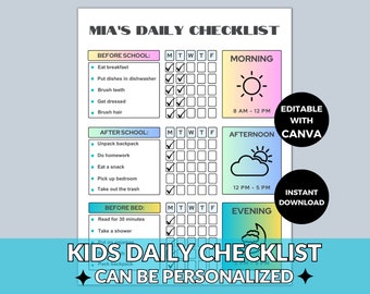 Editable Kids Daily Checklist | Homeschool Chore Chart (Digital Download)