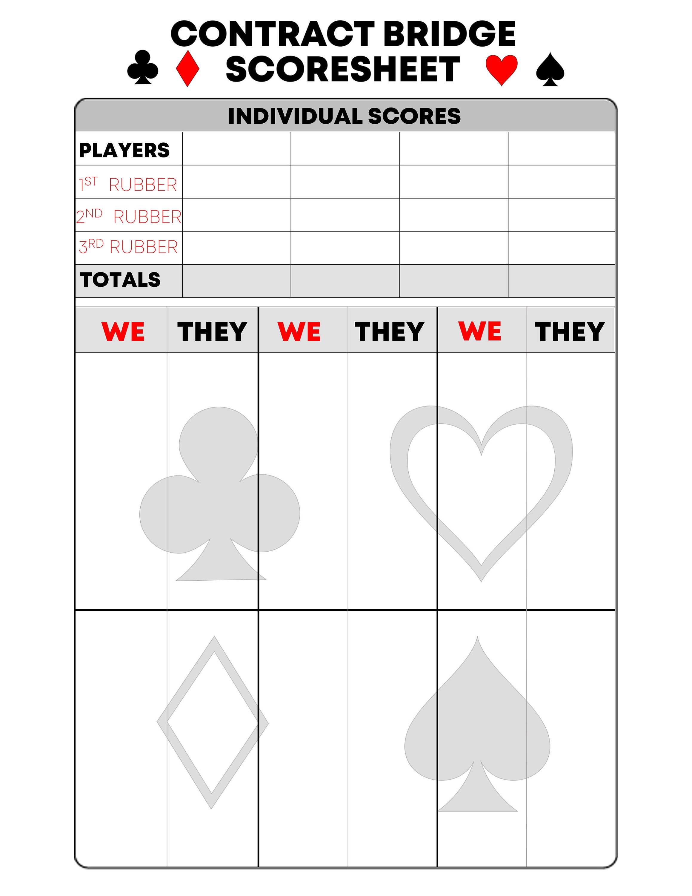 CONTRACT BRIDGE Score Sheet, Card Game Scorecard, Comes in 2 Colors, 2