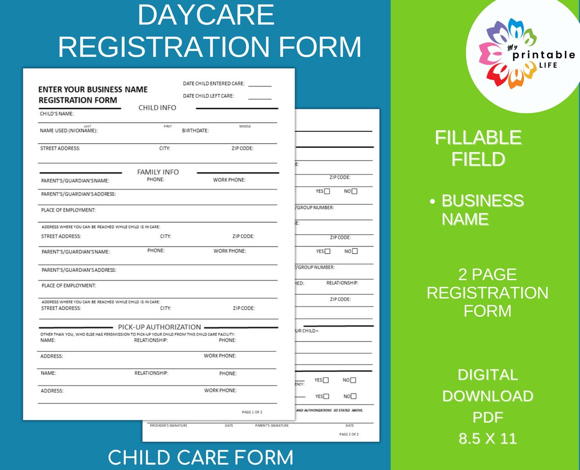 DAYCARE REGISTRATION FORM Fillable Business Name Printable Child Care ...