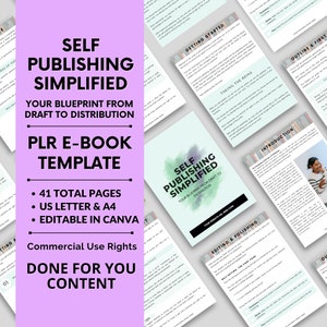 May include: A pink and green digital product mockup for a self-publishing ebook template. The text on the mockup reads "Self Publishing Simplified: Your Blueprint from Draft to Distribution. PLR E-book Template. 41 Total Pages. US Letter & A4. Editable in Canva. Commercial Use Rights. Done for You Content."