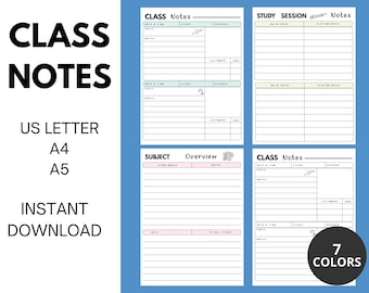 Class Notes Template, Printable Study Session, Subject Overview Pages