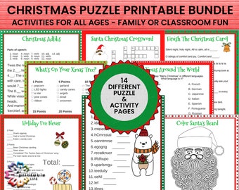 May include: A printable Christmas puzzle bundle with 14 different activities for all ages. The bundle includes a Christmas adlibs game, a Santa Christmas crossword puzzle, a "What's on your Xmas tree?" game, a "Holiday I've Never" game, a "Finish the Christmas Carol" game, a "Christmas Around the World" game, a "Color Santa's Beard" game, and more.
