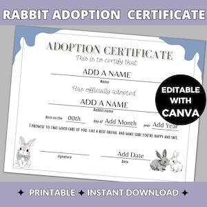 Certificato di adozione del coniglio / Modello Canva modificabile / Documento coniglietto stampabile / Certificato per animali domestici personalizzato / Ricordo unico / Download istantaneo