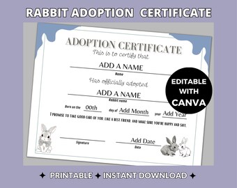 Rabbit Adoption Certificate | Editable Pet Keepsake (Canva Template)