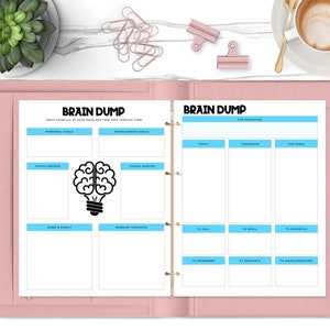 May include: A pink binder with a white page open to a brain dump planner. The planner has sections for personal goals, work/career goals, things needed, things wanted, home & family, random thoughts, top priorities, today, tomorrow, this week, to call, to email, to schedule, to remember, to research, and to make/create/do.