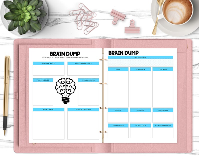 May include: A pink binder with a white page open to a brain dump planner. The planner has sections for personal goals, work/career goals, things needed, things wanted, home & family, random thoughts, top priorities, today, tomorrow, this week, to call, to email, to schedule, to remember, to research, and to make/create/do.