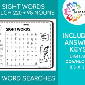 Sight Words Word Searches Complete Dolch 220 Plus 95 Nouns with Answer Keys