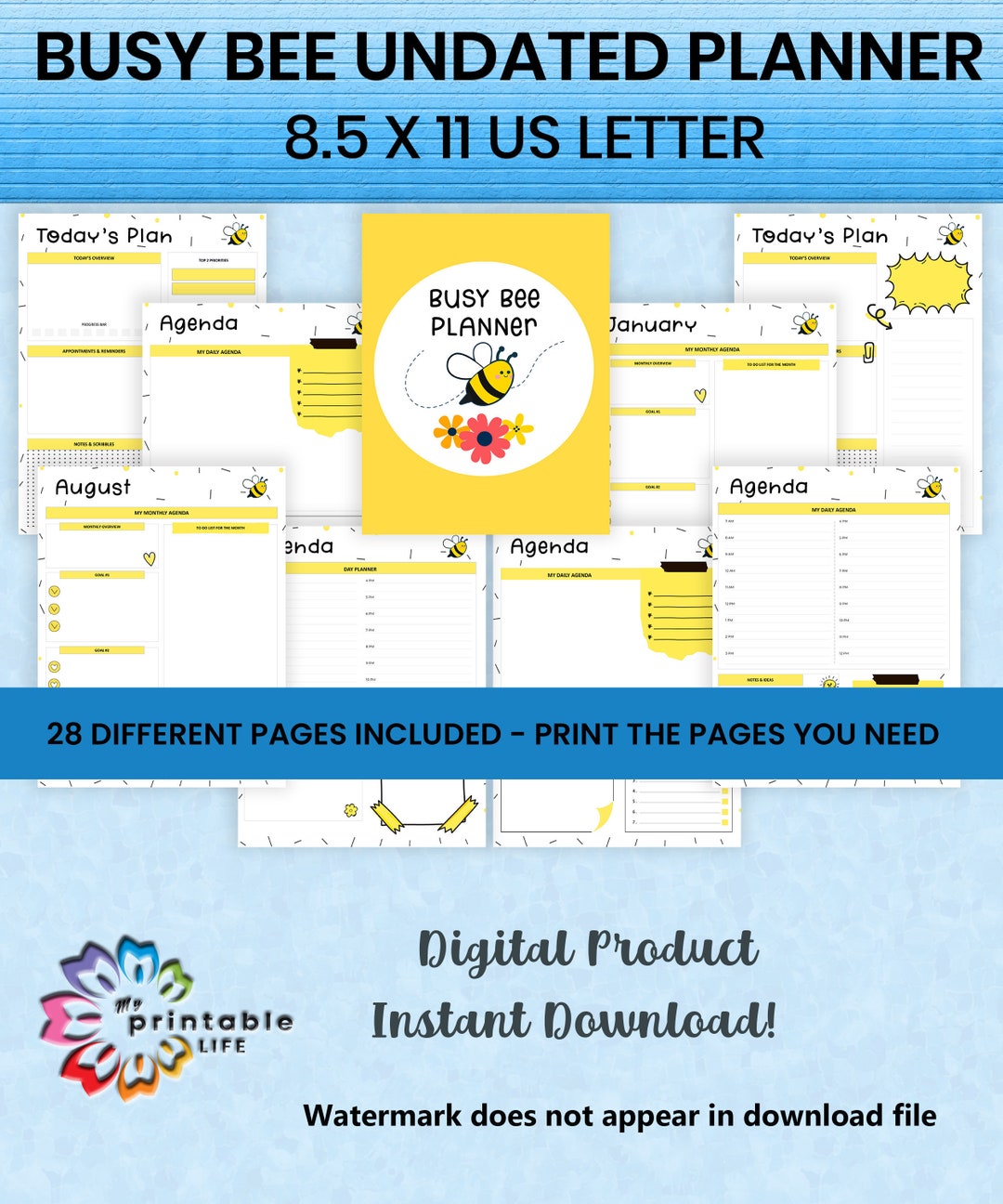Busy Bee Planner, Undated Printable Productivity Planner, Daily Planner