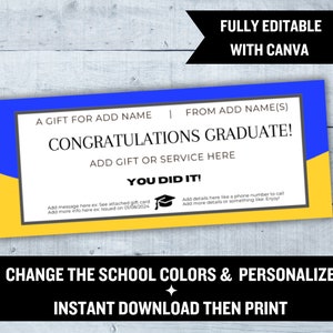 Certificado de regalo de graduación / Plantilla Canva editable / Colores escolares personalizables / Vale de posgrado imprimible