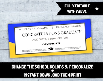 Graduation Gift Certificate | Editable Canva Template | School Colors Customizable | Printable Graduate Voucher