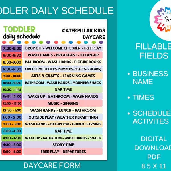 Daycare Daily Schedule for Toddlers Printable Child Care Fillable PDF