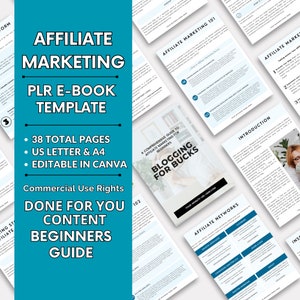 Puede incluir: Una plantilla de libro electrónico en verde azulado y blanco titulada "Affiliate Marketing" con el texto "PLR E-BOOK TEMPLATE". La plantilla incluye 38 páginas, es de tamaño US Letter y A4, y es editable en Canva. La guía es para principiantes.