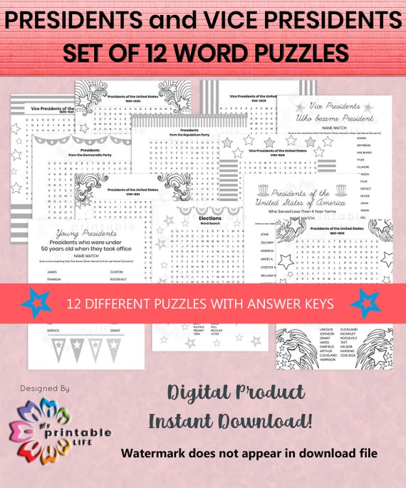 Presidents and Vice Presidents Word Games Printables Word