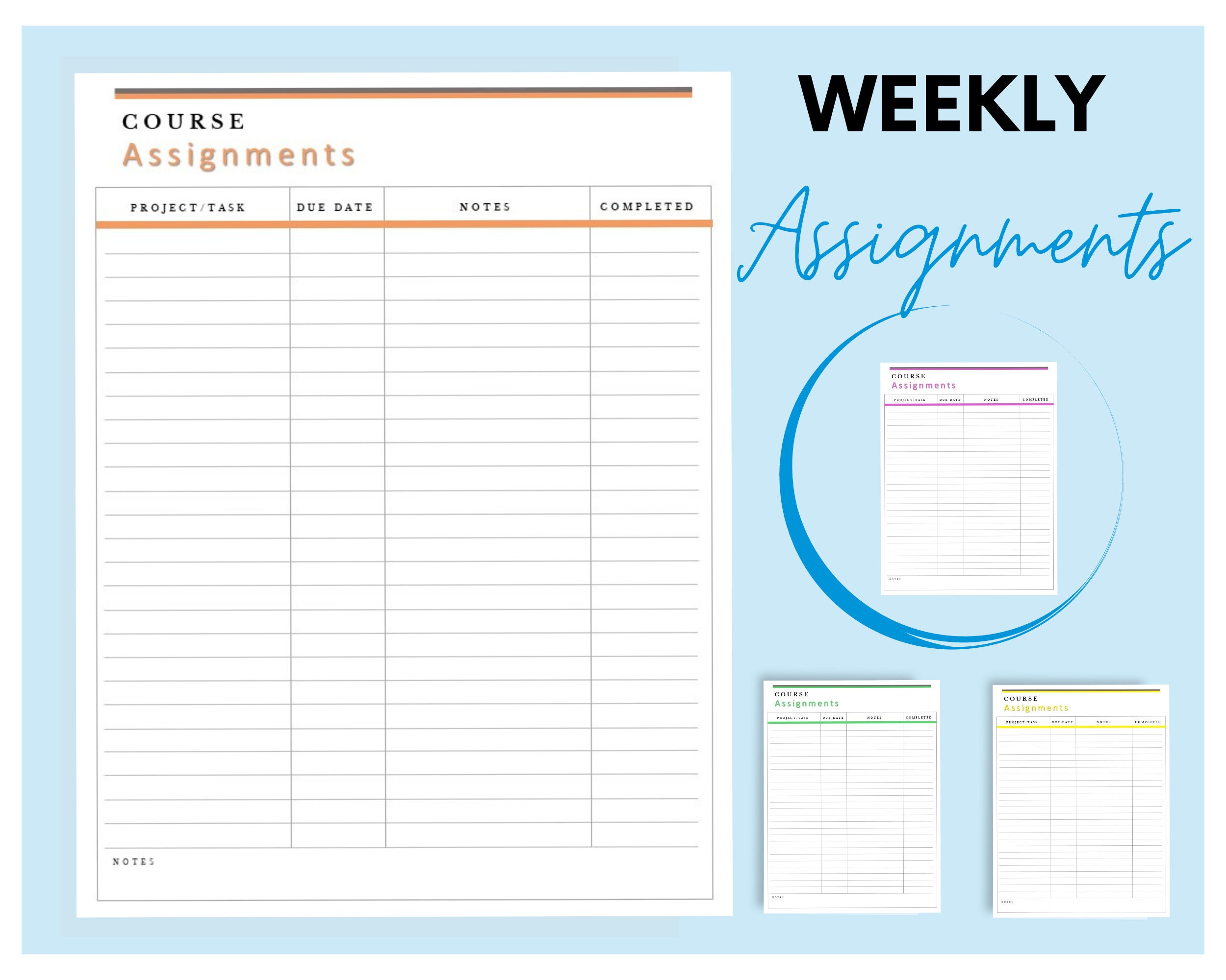 Course Assignments Planner Page Student Printable Tracker Homework ...