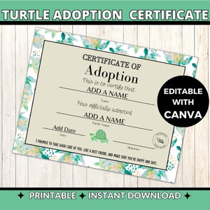 Editable Turtle Adoption Certificate | Custom Canva & PDF Template | Instant Download, Pet Keepsake | Turtle Lover Gift | DIY Cert