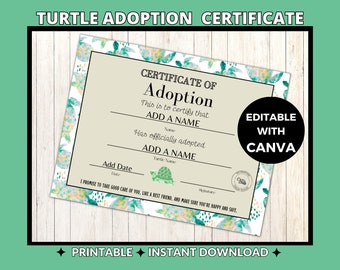 Editable Turtle Adoption Certificate | DIY Pet Keepsake (Canva & PDF)