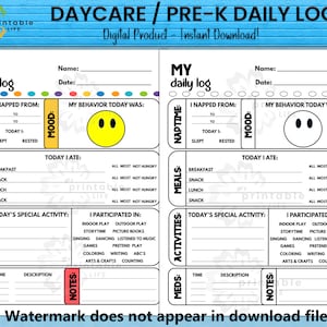 Daycare Daily Log Printable Report Tracker for Pre k Etsy Daycare Daily Log Printable Report Tracker for Pre k Etsy