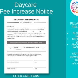 Aviso de AUMENTO DE TARIFA DE GUARDERÍA, Carta de aumento de tasa de matrícula, Formularios de cuidado infantil