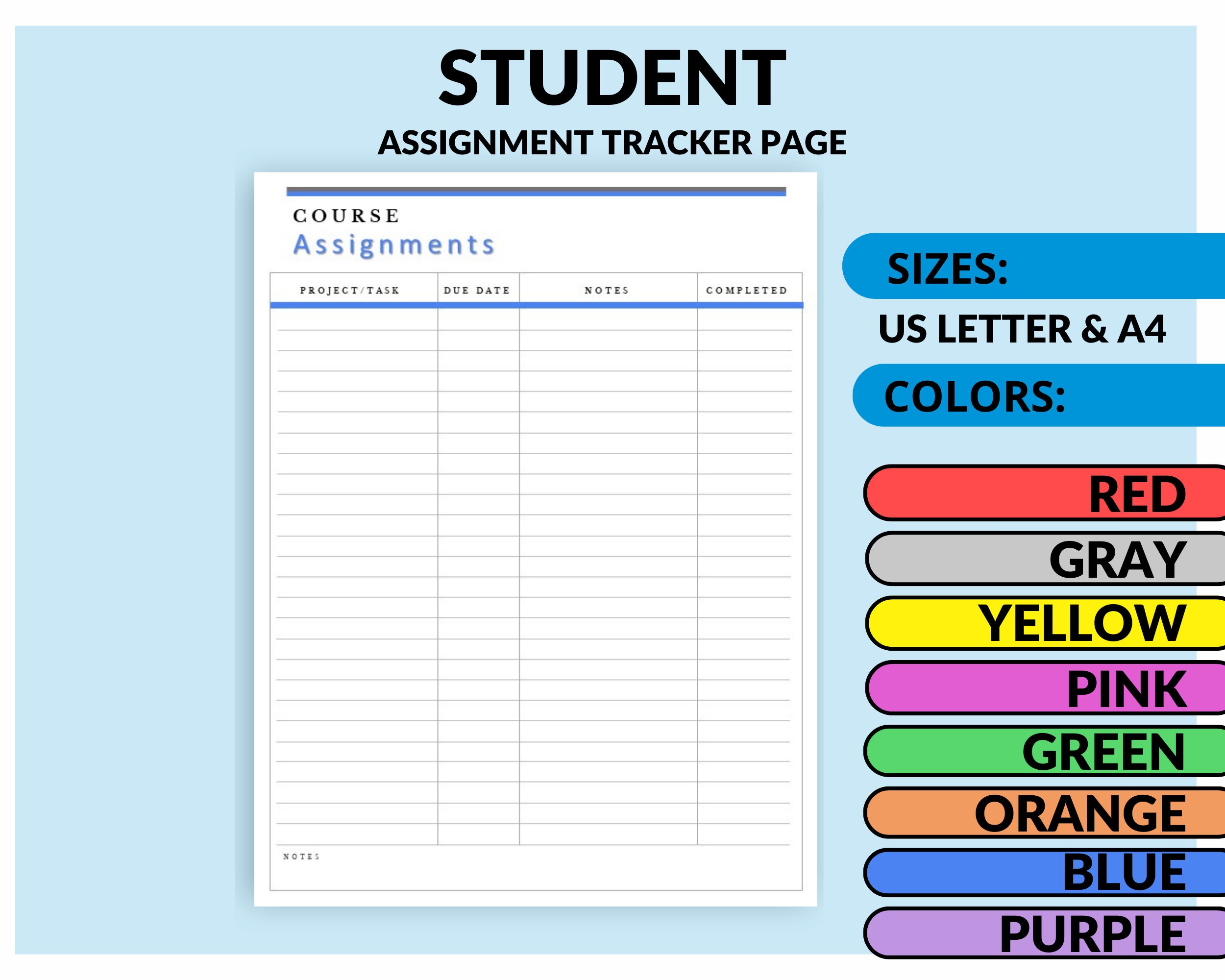 Basic Assignment Tracker Course Assignments Planner Page Student Printable Tracker Homework ...