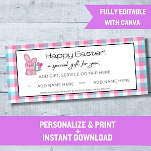 Certificado de regalo de Pascua / Plantilla Canva personalizable / Vale imprimible con temática de conejito / Regalo especial de vacaciones