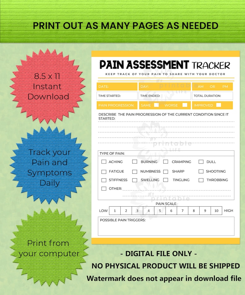 Pain Tracker Planner Printable PDF Insert Arthritis Migraine Fibromyalgia Journal Chronic