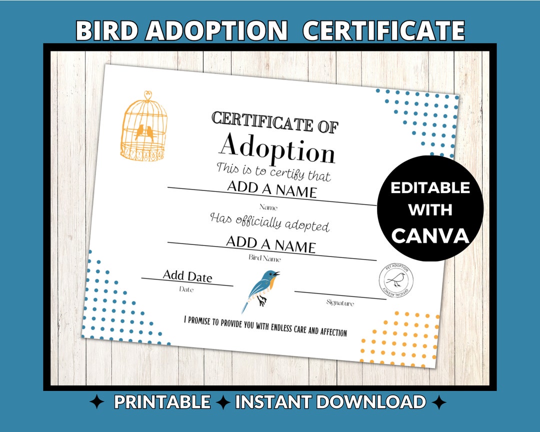 Bird Adoption Certificate Editable Canva Template Printable Avian