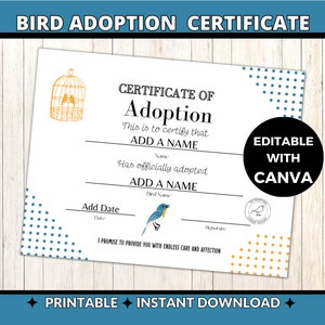 Certificat d'adoption d'oiseau | Modèle de toile modifiable | Document imprimable sur les oiseaux | Certificat personnalisé pour animal de compagnie