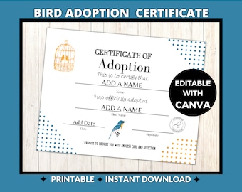 Bird Adoption Certificate | Editable Canva Template | Printable Avian Document | Custom Pet Certificate