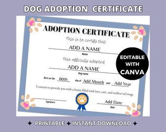Custom Dog Adoption Certificate | Editable Pet Keepsake (Canva Template)